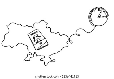 Karte der Ukraine mit Uhr als Linie auf weißem Hintergrund. Vektorgrafik
