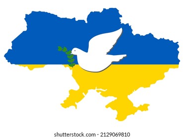 The map of Ukraine is colored in the colors of the national state flag and a dove flying over the country with a olive branch of the peace. Stop world war vector concept. Peace to the Ukrainian people