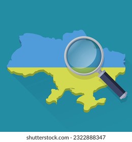 Map of Ukraine in the colors of the Ukrainian flag in 3D on a blue background in the style of flat design on which a magnifying glass zooms in