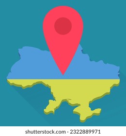 Map of Ukraine in colors of the Ukrainian flag with a red location marker lying on it on a blue background with shadow in flat design style