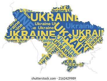 Karte der Ukraine, bestehend aus der Form des Landes, dem Namen des Landes und den Farben der Nationalflagge. Vektorgrafik einzeln auf weißem Hintergrund.