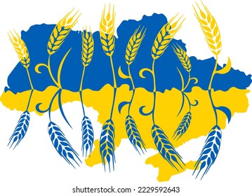 Map of Ukraine decorated with mirror reflection of wheat ears in Ukrainian flag colors yellow and blue