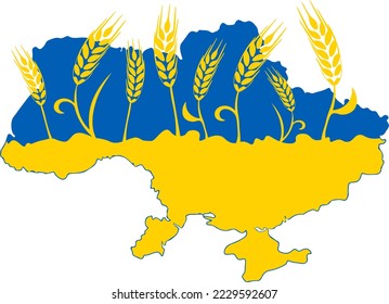 Karte der Ukraine mit Weizenähren in den Farben Gelb und Blau der ukrainischen Flagge