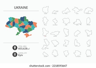 Map of Ukraine with detailed country map. Map elements of cities, total areas and capital.