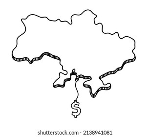 Map of Ukraine with dollar as line drawing on white background. Vector