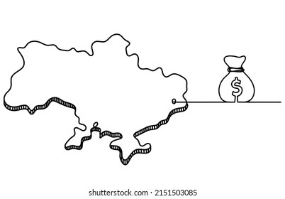 Map of Ukraine with dollar as line drawing on white background. Vector