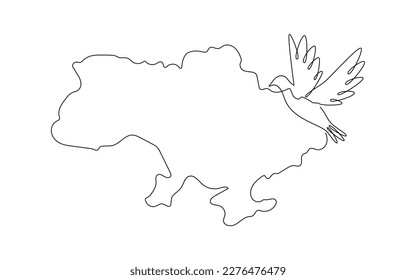 Map of Ukraine with dove drawn in one continuous line. One line drawing, minimalism. Vector illustration.