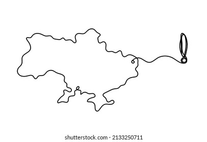 Mapa de Ucrania con signo de exclamación como dibujo de línea sobre fondo blanco. Vector