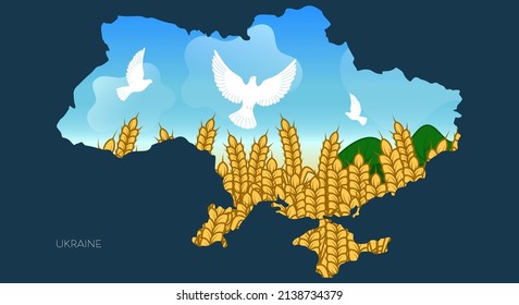 Map of Ukraine With Field of Wheat and White Doves. Banner