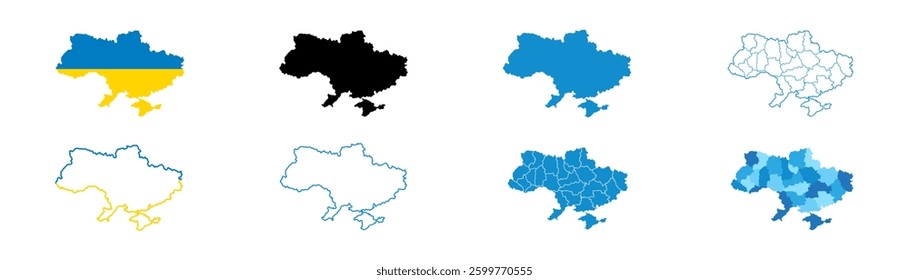 Map of Ukraine. Map of Ukraine with flag shape sign collection. Linear map of Ukraine with borders, border map of the country in national colors. Vector illustration