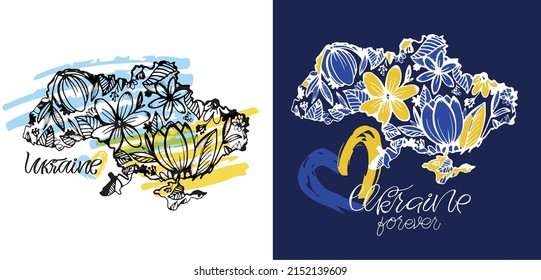 Map of Ukraine with flowers. Lettering postcard hand drawn about Support Ukraine. Blue yellow ukrainian flag background.