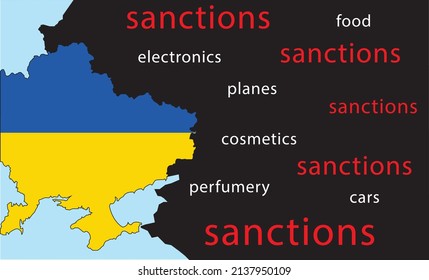 Map of Ukraine in the form of a flag and Russia in black. The concept of sanctions against Russia due to aggression against Ukraine.