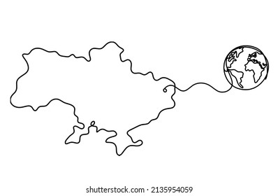 Map of Ukraine with globe as line drawing on white background. Vector