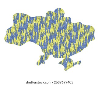 Map of Ukraine, a group of blue and yellow hands. The national symbol of the trident, coat of arms of Ukraine, 3 fingers