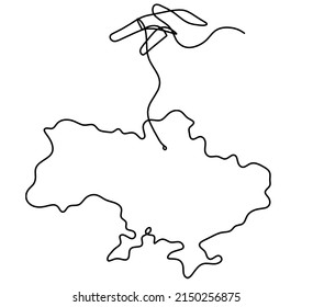 Map of Ukraine with hand as line drawing on white background. Vector