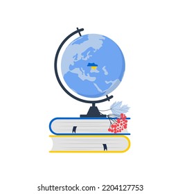 Map of Ukraine highlighted by the colors of the national flag on the globe on a stack of books. Ukraine education concept. Vector illustration isolated on the white background