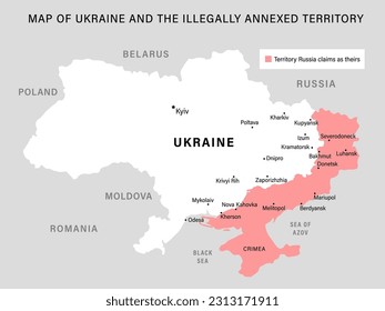 Map of Ukraine and the illegally annexed territory before the start of the counteroffensive. Editable schematic map with Eastern Ukraine cities. Vector illustration