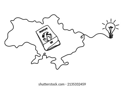 Karte der Ukraine mit Glühbirne als Linie auf weißem Hintergrund. Vektorgrafik