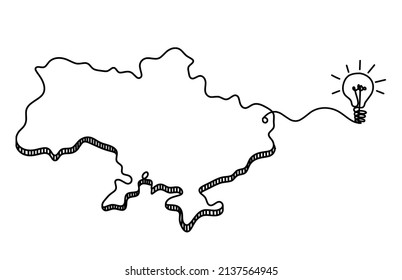 Map of Ukraine with light bulb as line drawing on white background. Vector