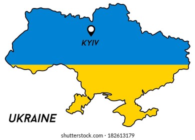 Map of Ukraine with national flag inside, vector