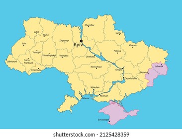 mapa de Ucrania con territorios ocupados por Rusia - Donbass y Crimea, a partir de enero de 2022. Ilustración vectorial en azul.