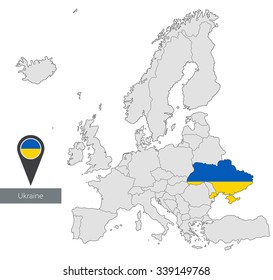 Map of Ukraine with an official flag. Location in Europe
