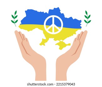 Map of Ukraine with peace icon. Blue and yellow conceptual idea - with Ukraine in the heart. Support of the country during the occupation. Stop the war. Vector illustration