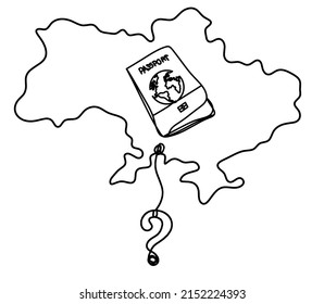 Map of Ukraine with question mark as line drawing on white background. Vector