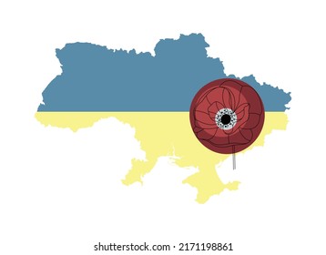 Map of Ukraine with Red Poppy flower Yellow Blue Ukrainian flag