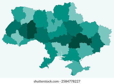 Map of Ukraine with regions. Just a simple country border map with region division. Teal color palette. Flat Ukraine shape with administrative division. Vector illustration.