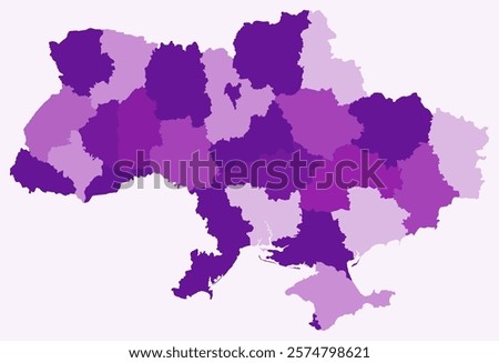 Map of Ukraine with regions. Just a simple country border map with region division. Purple color palette. Blank Ukraine shape with administrative division. Vector illustration.