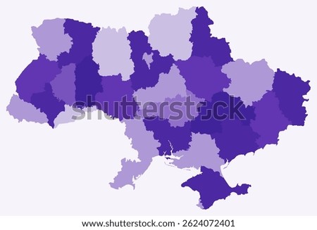 Map of Ukraine with regions. Just a simple country border map with region division in a deep purple color palette. Flat Ukraine shape with administrative division. Vector illustration.