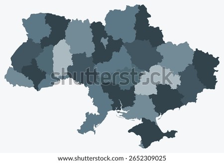 Map of Ukraine with regions. Just a simple country border map with region division. Blue grey color palette. Blank Ukraine shape with administrative division. Vector illustration.