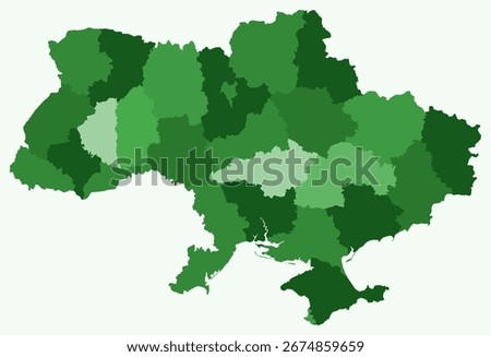 Map of Ukraine with regions. Just a simple country border map with region division. Green color palette. Blank Ukraine shape with administrative division. Vector illustration.