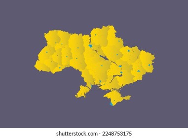 Mapa de Ucrania con ríos y lagos. El mapa muestra oblastos y pequeños mapas de sus centros (en azul). Pueden usar todos estos mapas (mapa de Ucrania, mapas de oblastos, mapas de ciudades) por separado.