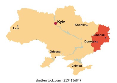 Map of Ukraine showing Major Cities, concept of military conflict in Ukraine
