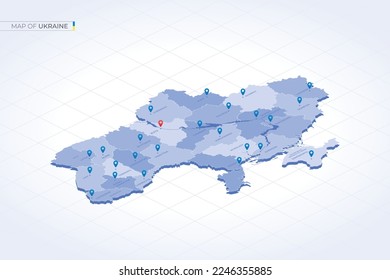 Karte der Ukraine. Die Karte zeigt Städte und ihre Regionen. Jeder Bereich und jeder Rand kann in einer anderen Farbe ausgewählt und neu gestrichen werden. (Reparatur. Zuvor hochgeladene Illustrationen wurden bereits gelöscht.)