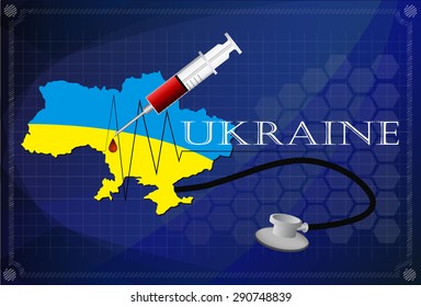 Map of Ukraine with Stethoscope and syringe.