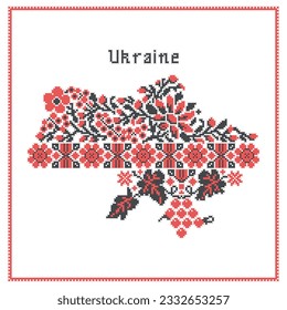 Map of Ukraine in traditional colors of embroidery pattern - red and black. Support of Ukraine. Political or geographical design element. Vector illustration.