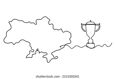Map of Ukraine with trophy as line drawing on white background. Vector