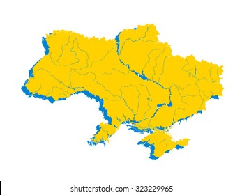 Map of Ukraine in Ukrainian flag colors. Rivers are shown.