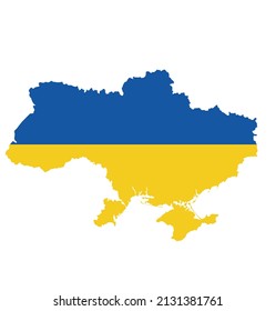 Map of Ukraine with ukranian flag on white isolated background.