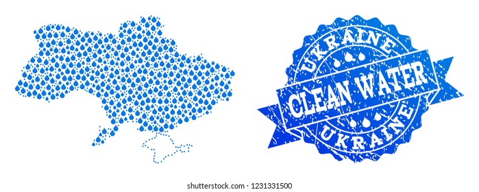 Map of Ukraine vector mosaic and clean water grunge stamp. Map of Ukraine created with blue liquid raindrops. Seal with corroded rubber texture for clean drinking water.