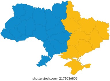 Mapa de Ucrania en vectores, azul amarillo, regiones