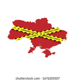 Map of Ukraine with warning quarantine yellow tape. Danger coronavirus Banner