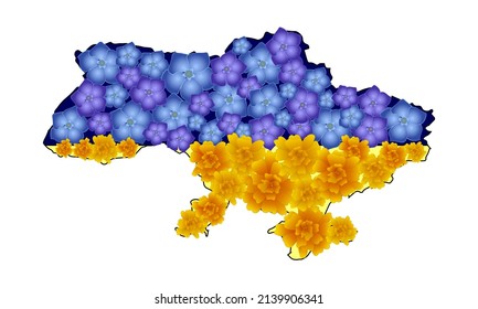 Map of Ukraine in yellow and blue colors and the country's national flowers.