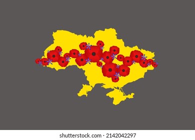 Mapa de Ucrania amarillo en un fondo gris, con flores rojas y azules a lo largo del país, un símbolo de victoria y prosperidad futura