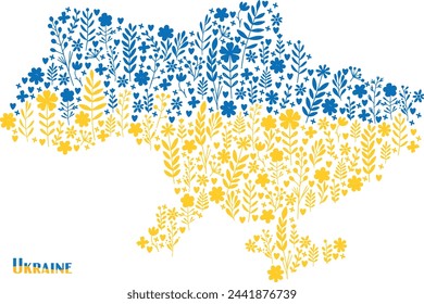 map of Ukraine in yellow-blue colors from flowers and twigs vector drawing