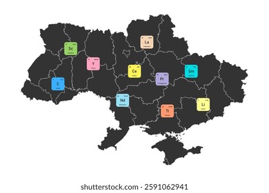 Map of Ukraine's Critical Minerals. Rare Earth Metals of Ukraine, Agreement on Ukraine's Rare Earth Metals. Vector 