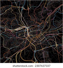 Map of Ulm, Baden-Wuerttemberg with all major and minor roads, railways and waterways. Colorful line art on black background.